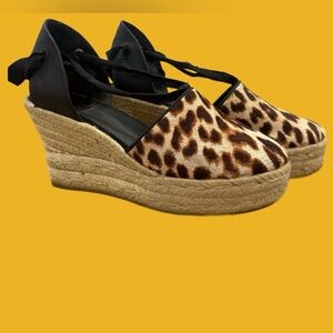 Tory Burch Elisa Pony Hair Leopard Print Espadrille Wedge Sandals size 5.5 New